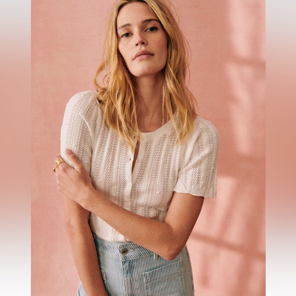 NWT Sezane Davie Cardigan Cream Knit Short Sleeve Top